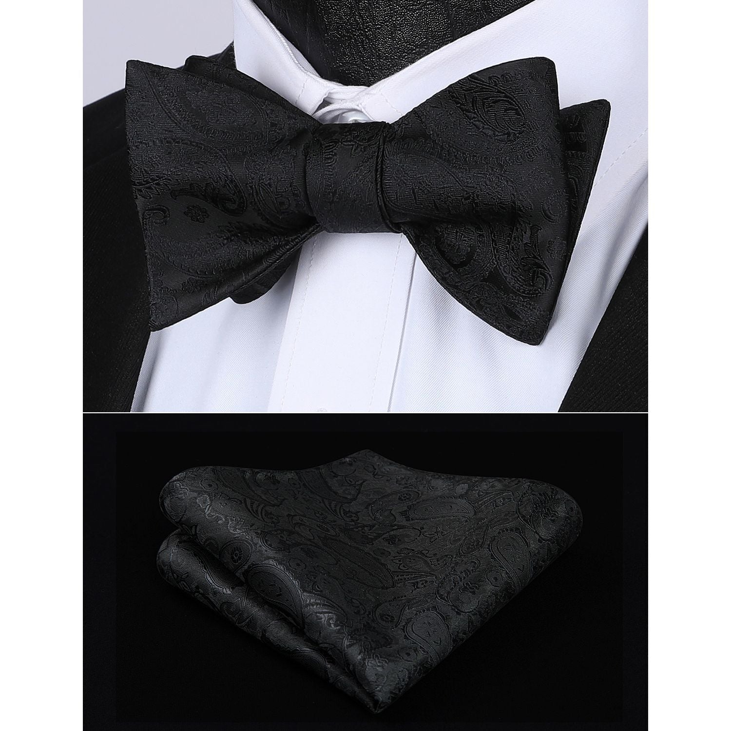 Floral Paisley Bow Tie & Pocket Square Sets - C-BLACK