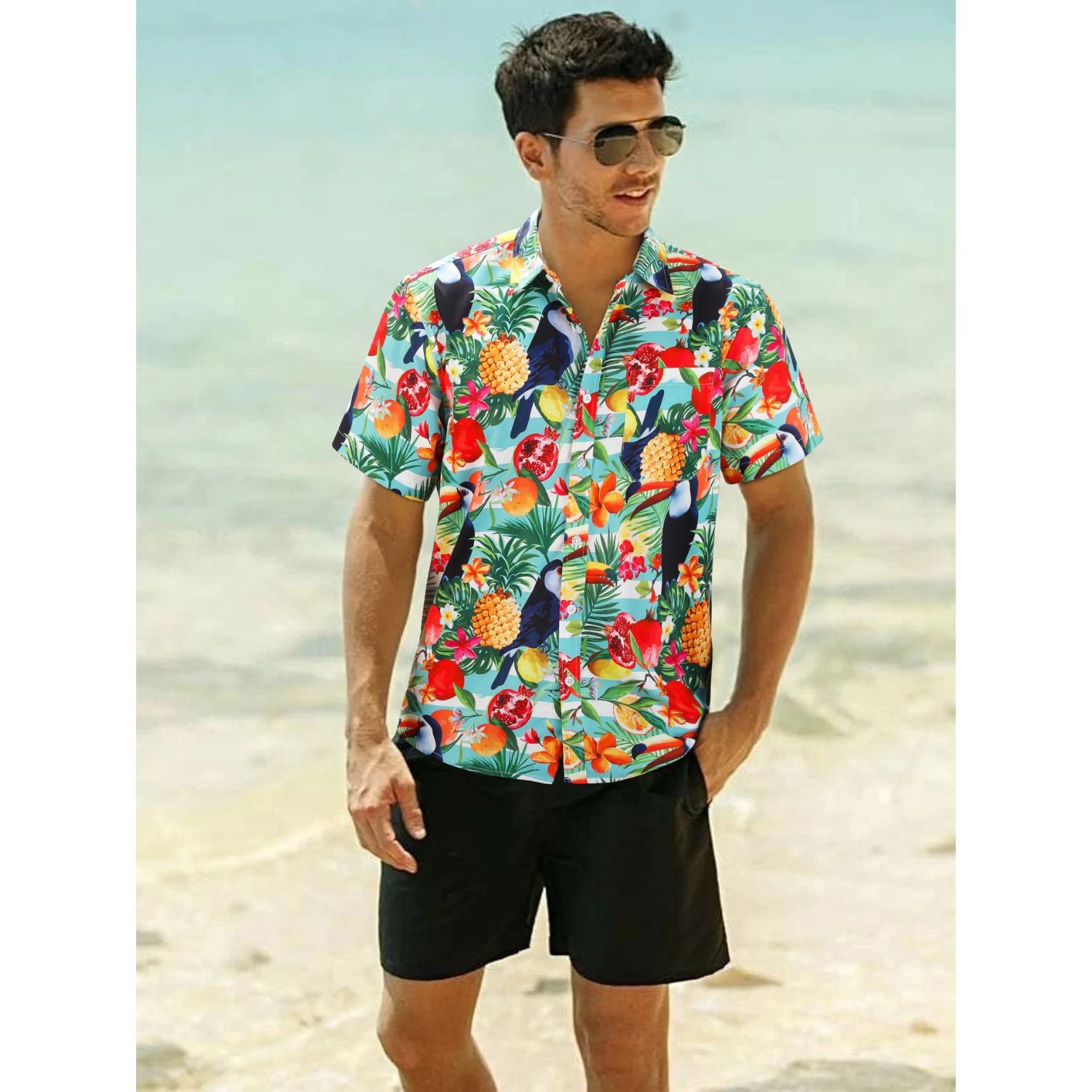 Hawaiian Tropical Shirts with Pocket - AQUA/RED