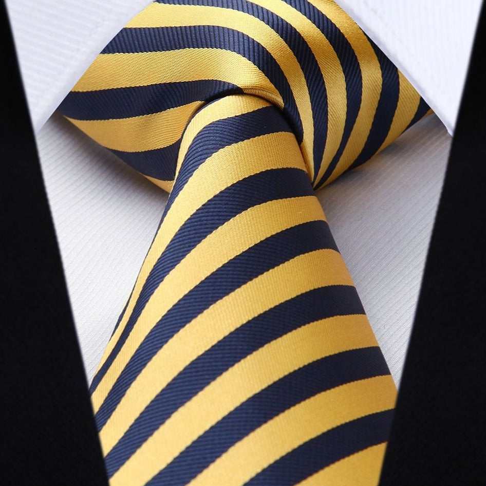 Stripe Tie Handkerchief Set - 02-YELLOW/NAVY BLUE