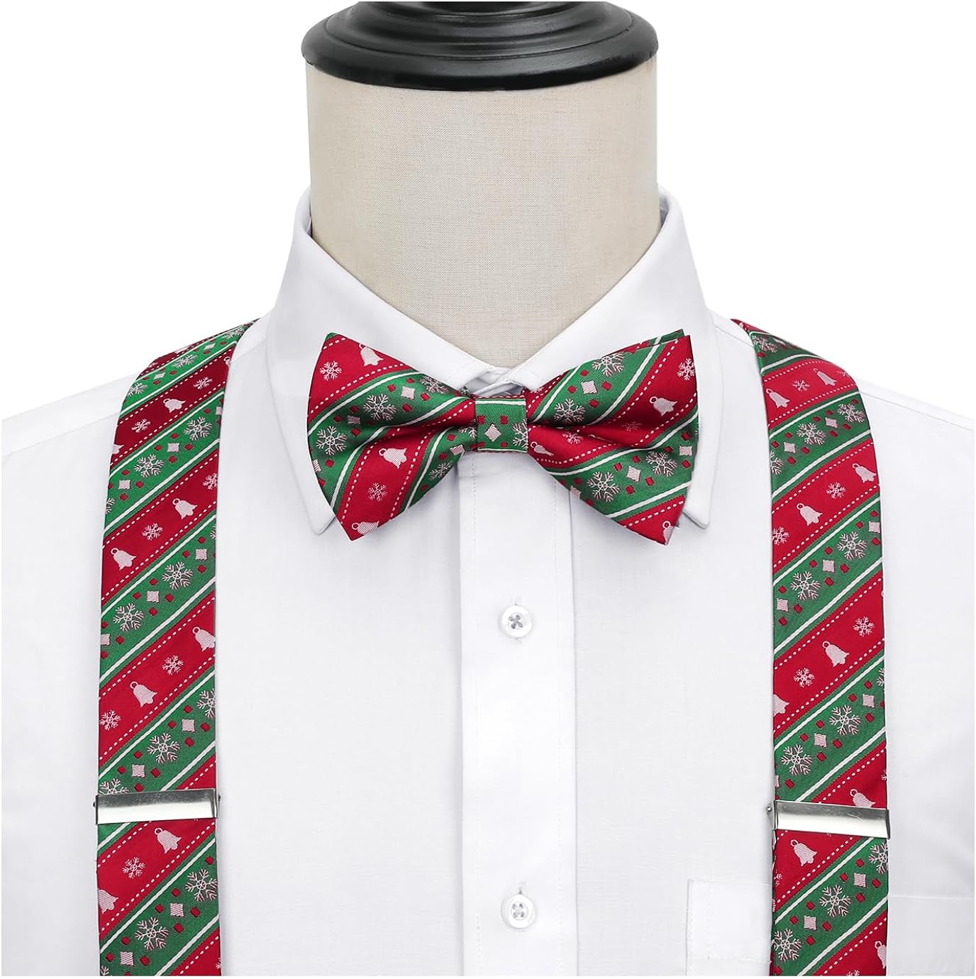 Christmas Suspender Pre-Tied Bow Tie Handkerchief - RED/GREEN