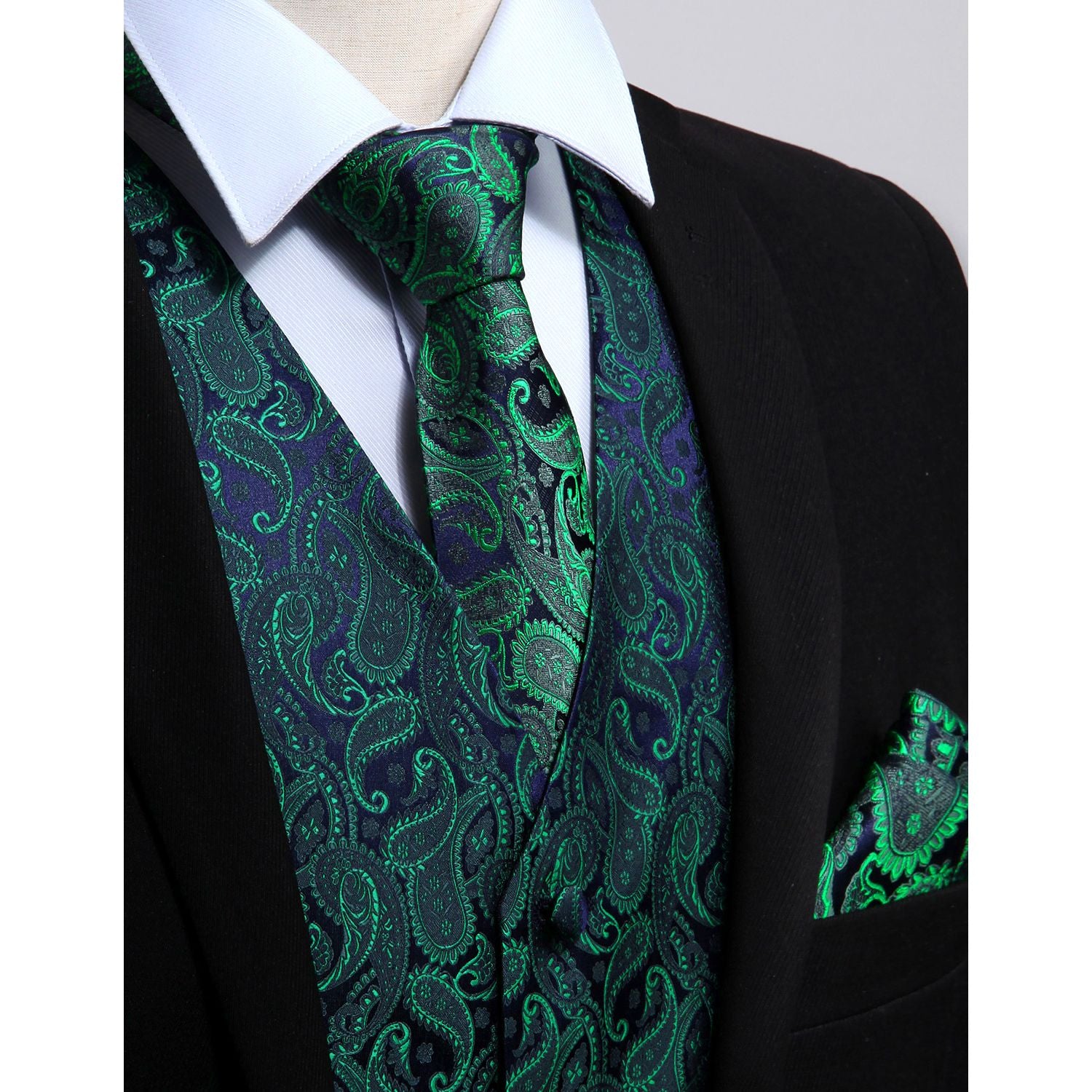 Paisley Vest Tie Handkerchief Set - GREEN/PURPLE