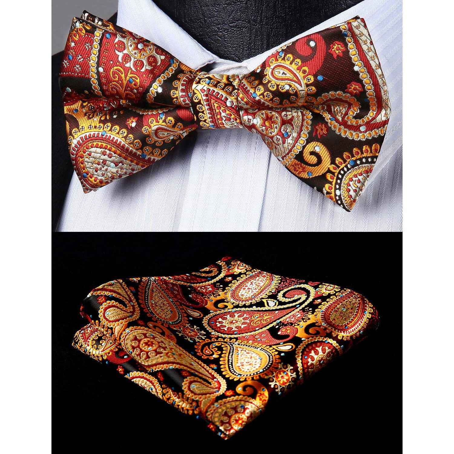 Paisley Pre-Tied Bow Tie & Pocket Square - F-ORANGE 2