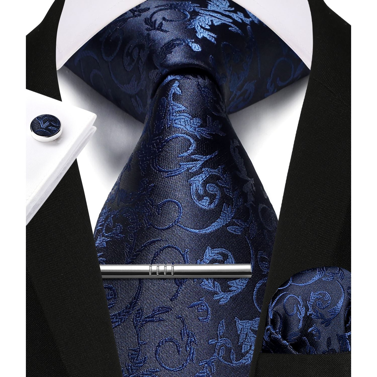 Paisley Tie Handkerchief Cufflinks Clip - C5-NAVY BLUE