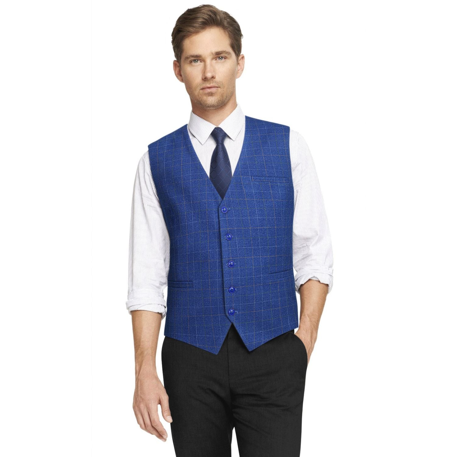 Plaid Slim Vest - A-ROYAL BLUE
