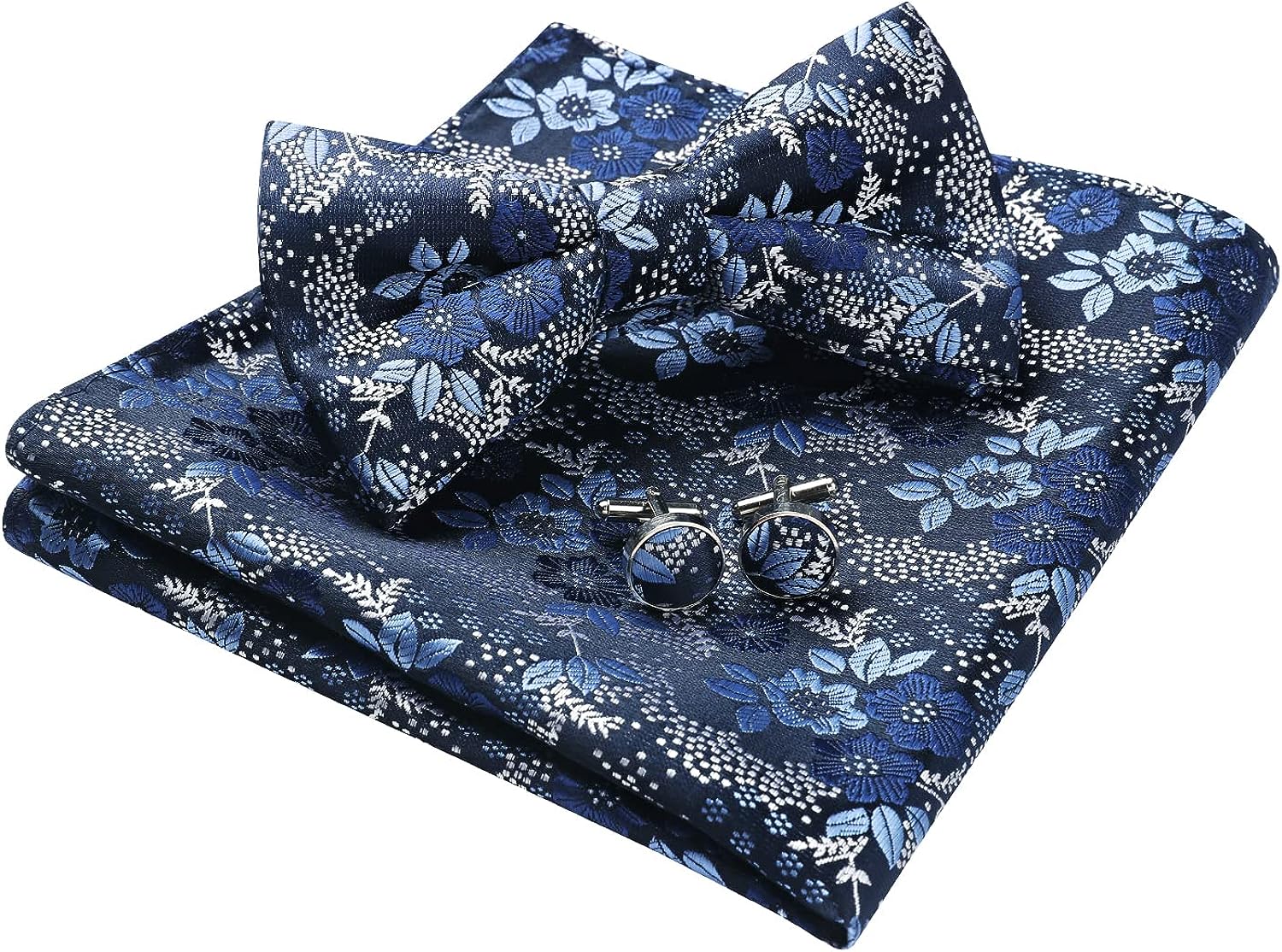 Floral Pre-Tied Bow Tie Pocket Square Cufflinks - DARK BLUE