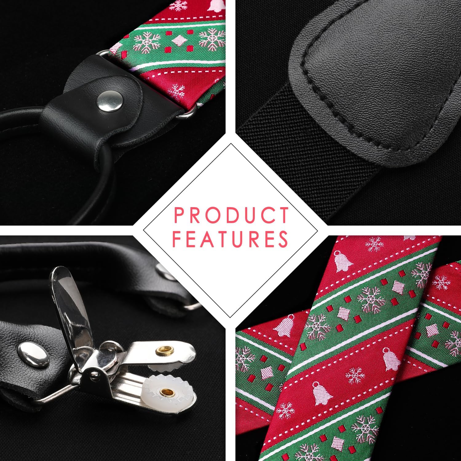 Christmas Suspender Pre-Tied Bow Tie Handkerchief - RED/GREEN