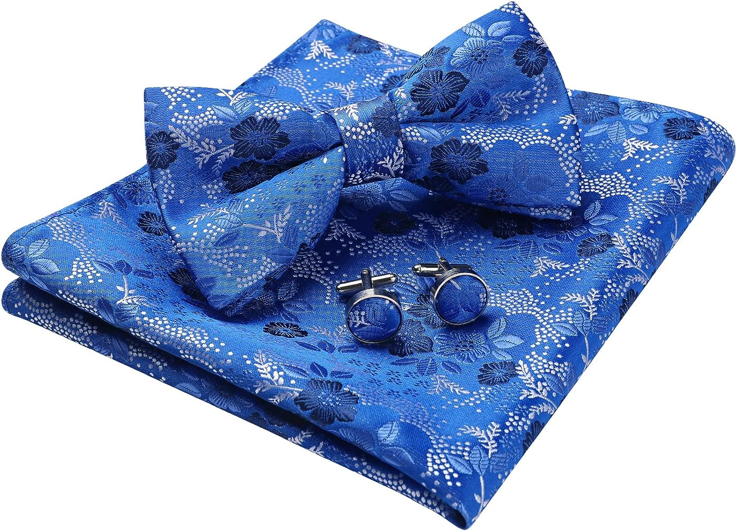 Floral Pre-Tied Bow Tie Pocket Square Cufflinks - BLUE