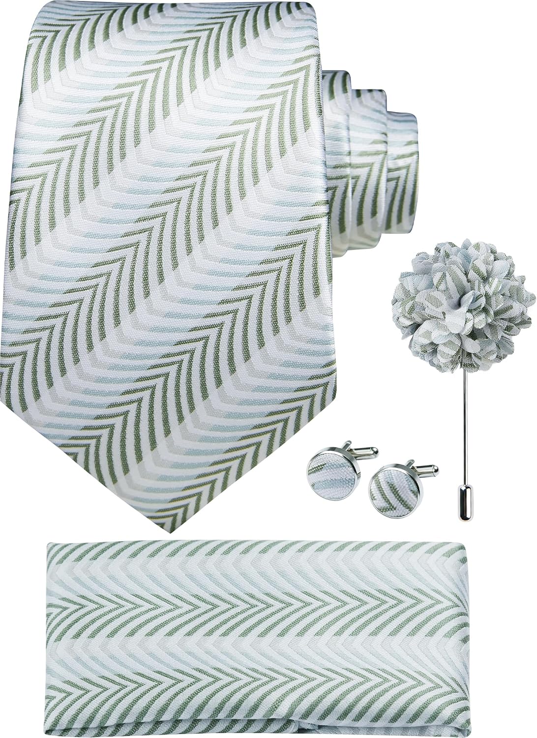 Hisdern Men's Striped 4-Piece Tie Set in Sage Green Grey for Weddings & Formal Wear