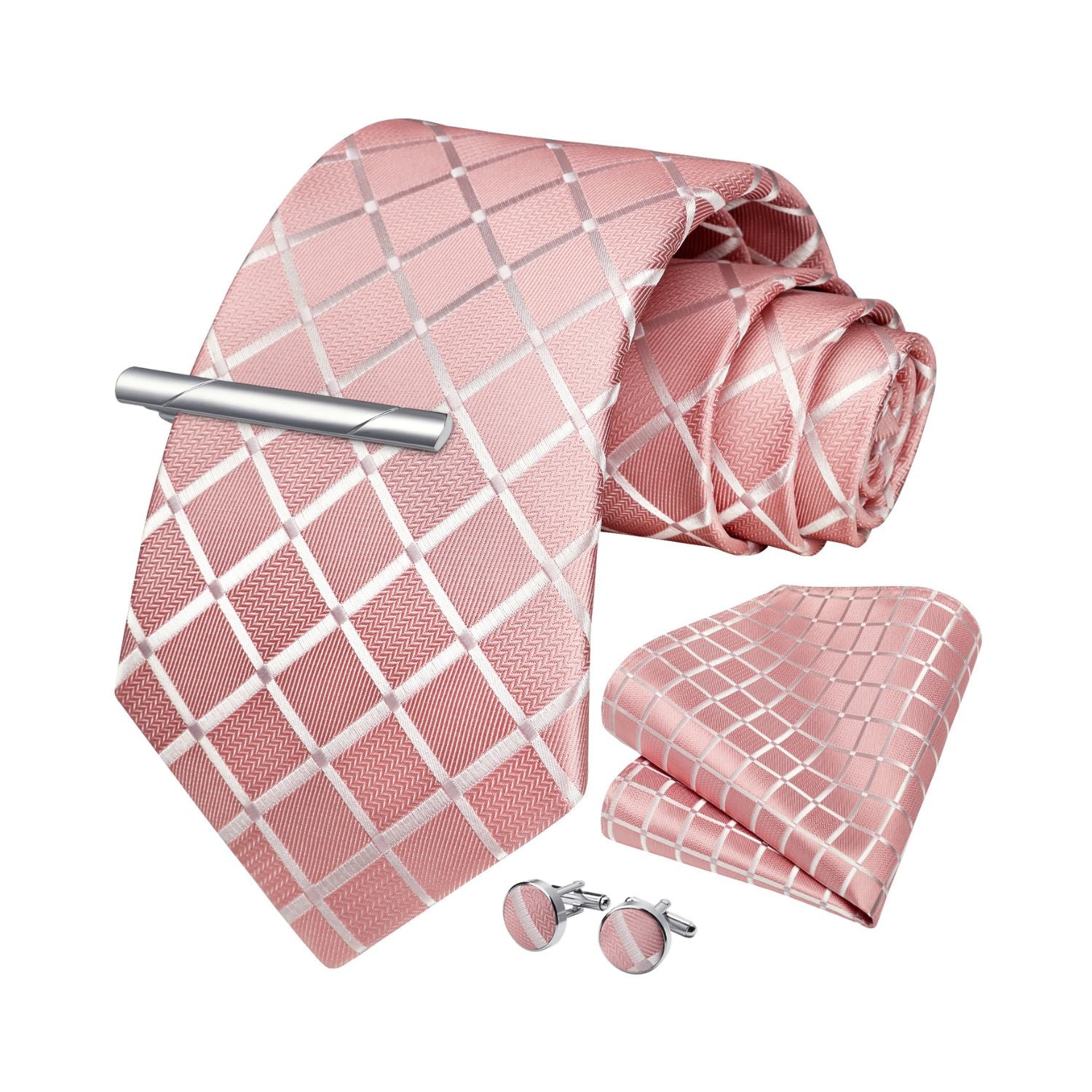 Plaid Tie Handkerchief Cufflinks Clip - BABY PINK