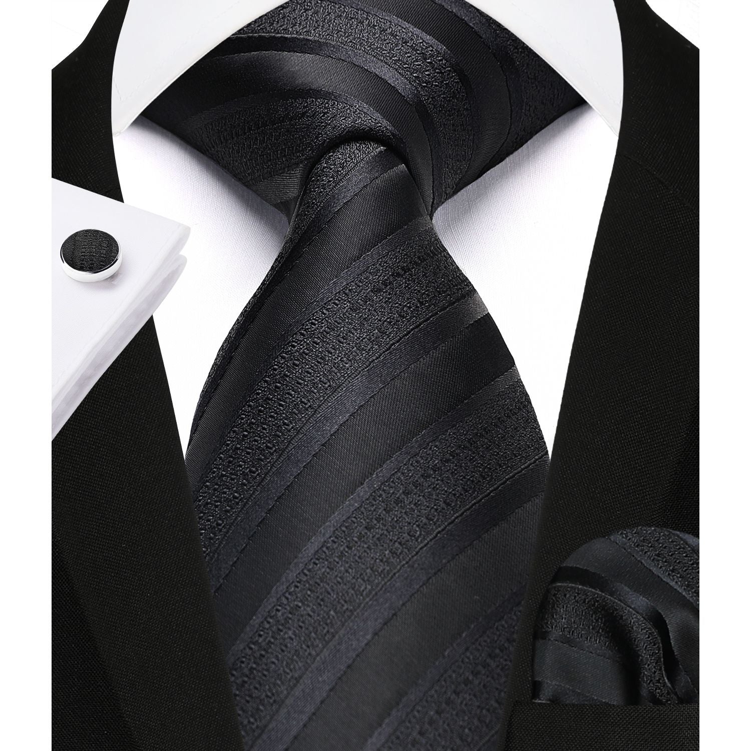 Stripe Tie Handkerchief Cufflinks - C06-BLACK