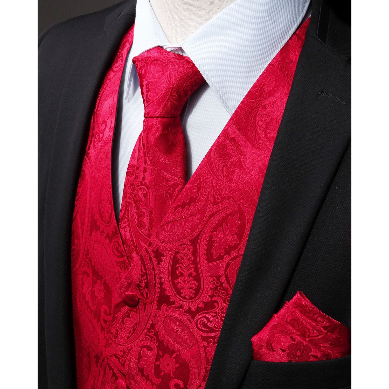 Paisley Vest Tie Handkerchief Set - RED