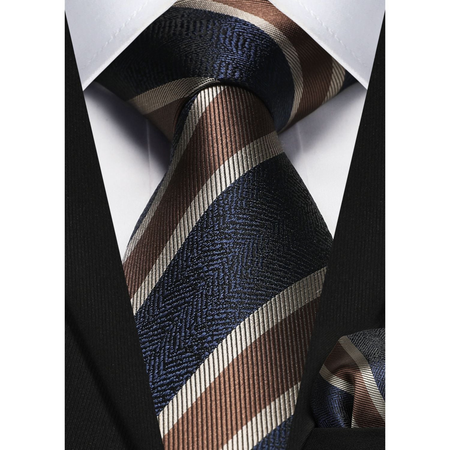 Stripe Tie Handkerchief Set - NAVY/GOLD A01