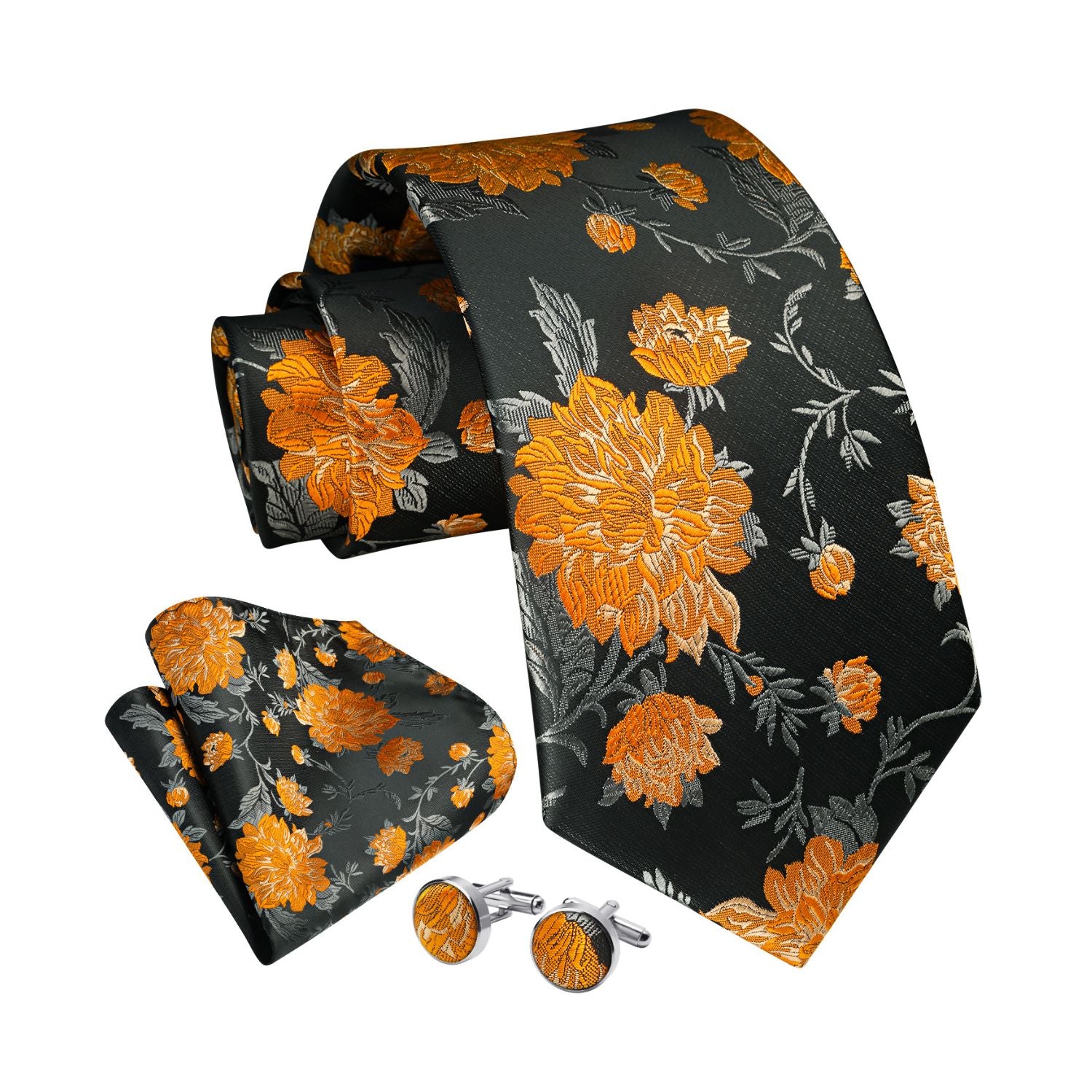 Floral Tie Handkerchief Cufflinks - 1-BLACK ORANGE FLORAL