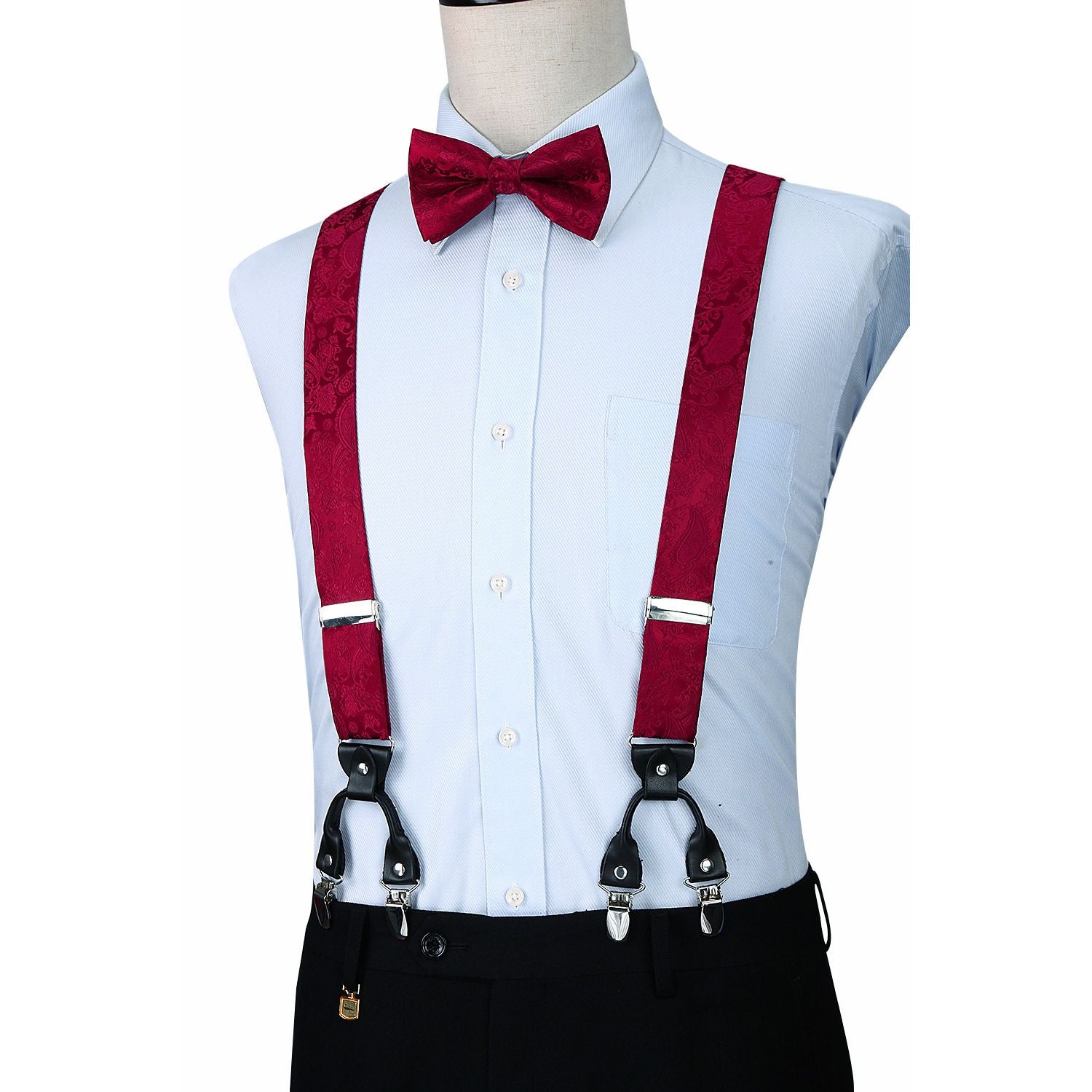 Paisley Floral Suspender Pre-Tied Bow Tie Handkerchief - A14 - RED