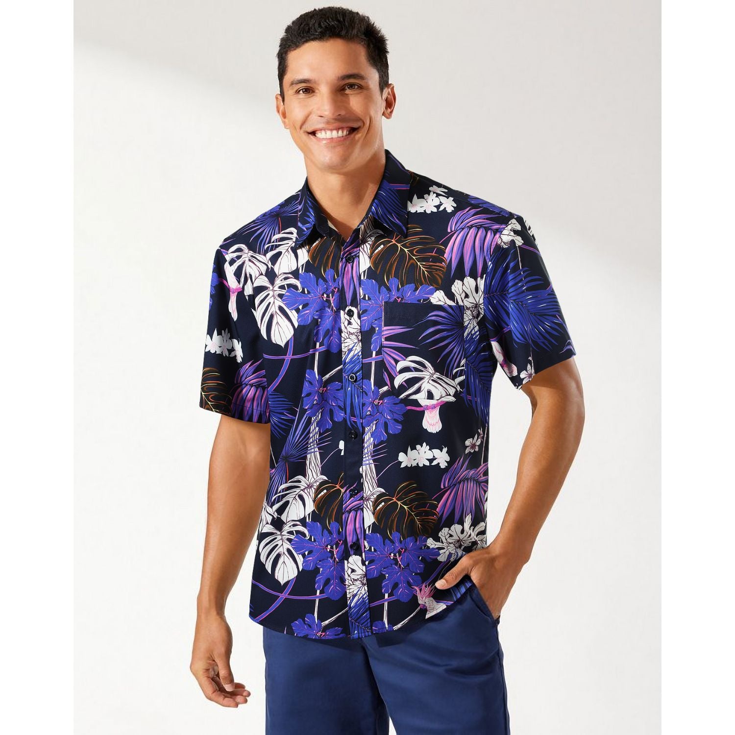 Hawaiian Tropical Shirts with Pocket - Z01- PURPLE/WHITE