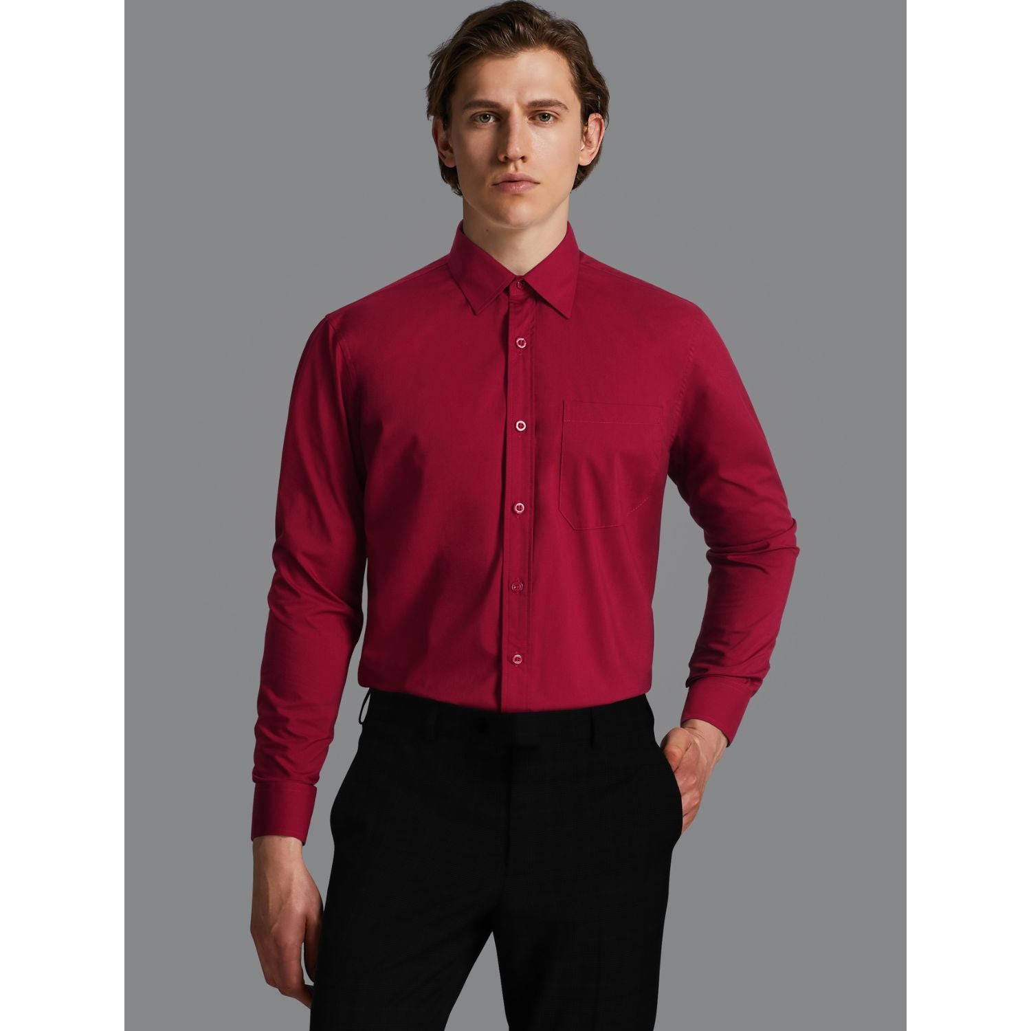 Casual Formal Shirt with Pocket - BURGUNDY