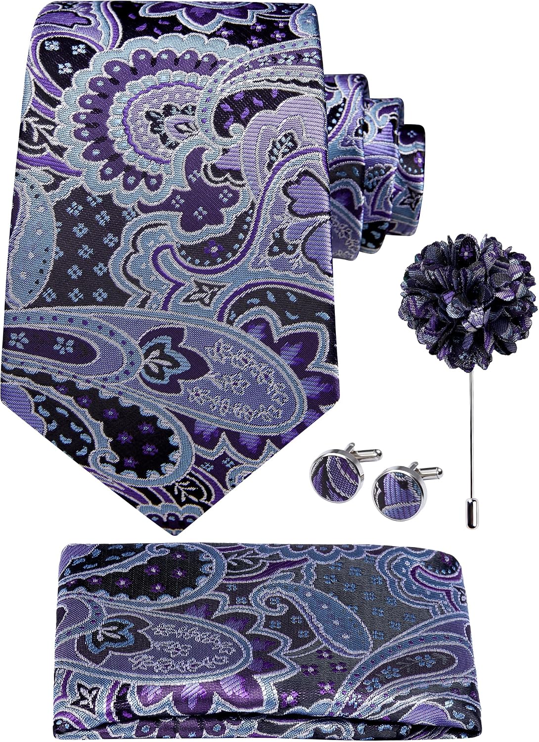 Hisdern Men's Paisley 4-Piece Tie Set in Purple ice Blue for Weddings & Formal Wear