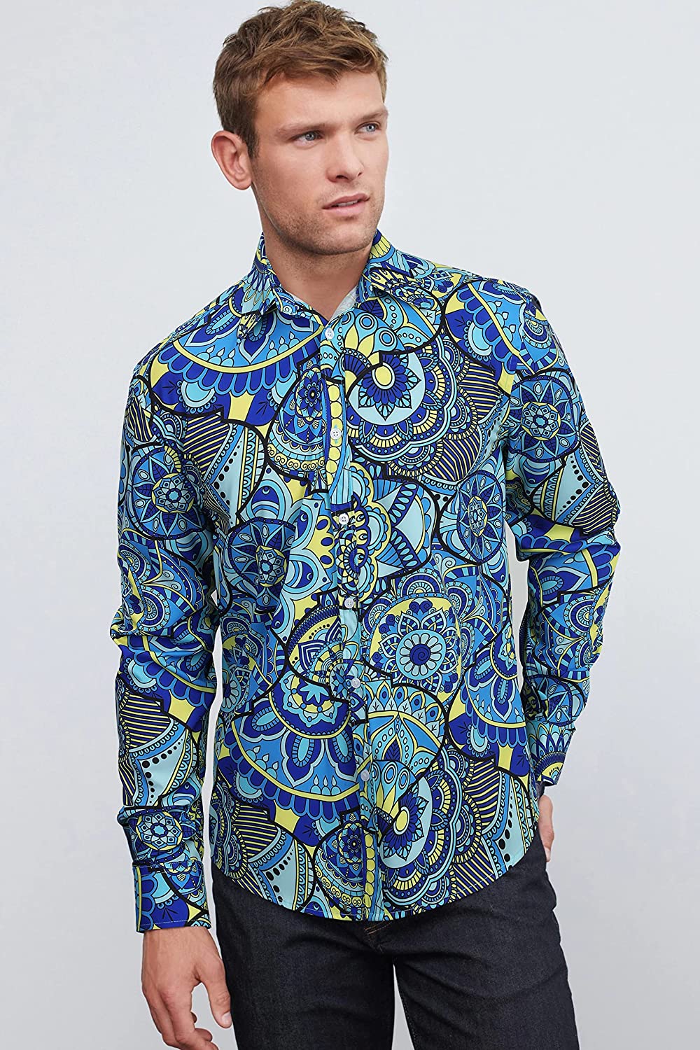Shiny Luxury Dress Shirt - BLUE/YELLOW