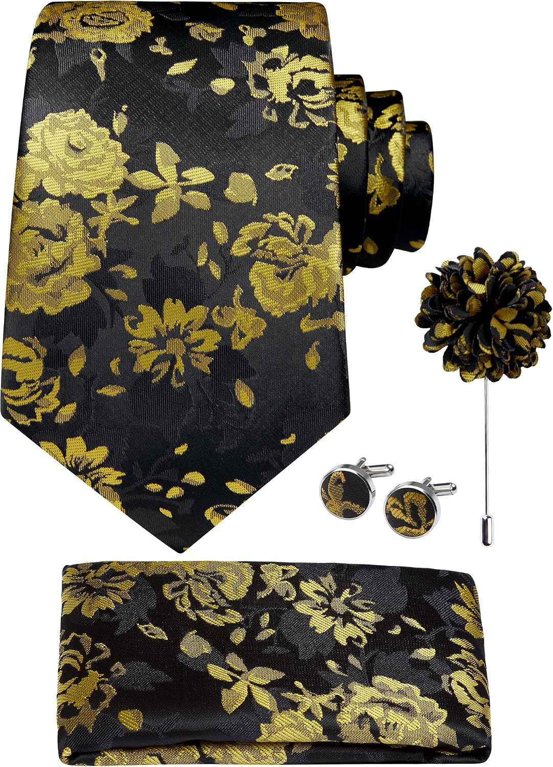 Hisdern Men's Floral 4-Piece Tie Set in Yellow Black for Weddings & Formal Wear