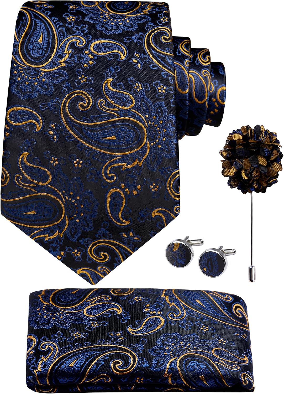 Hisdern Men's Floral 4-Piece Tie Set in Royal Blue & Gold for Weddings & Formal Wear