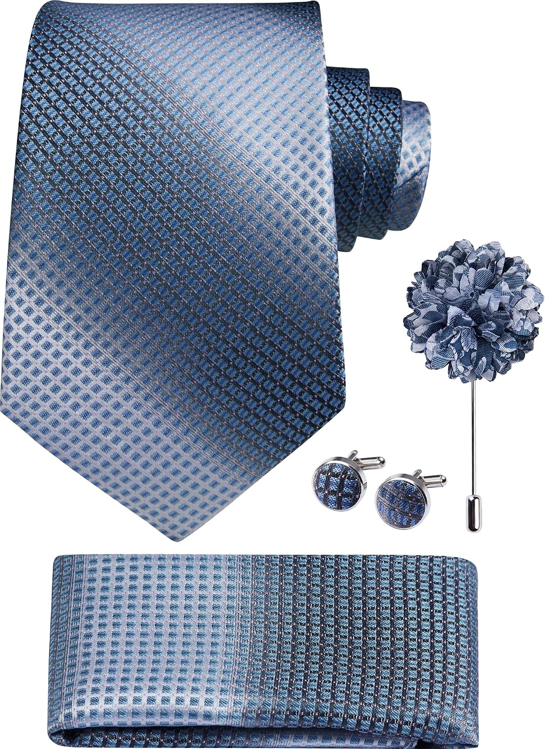 Hisdern Men's Houndstooth 4-Piece Tie Set in Blue Gray for Weddings & Formal Wear
