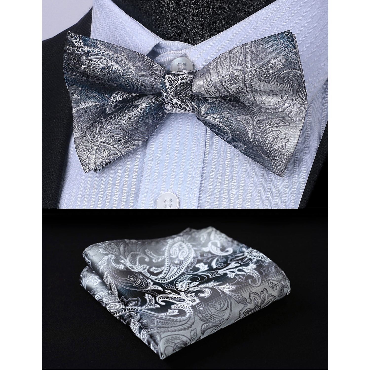 Paisley Pre-Tied Bow Tie & Pocket Square - B-GRAY 2