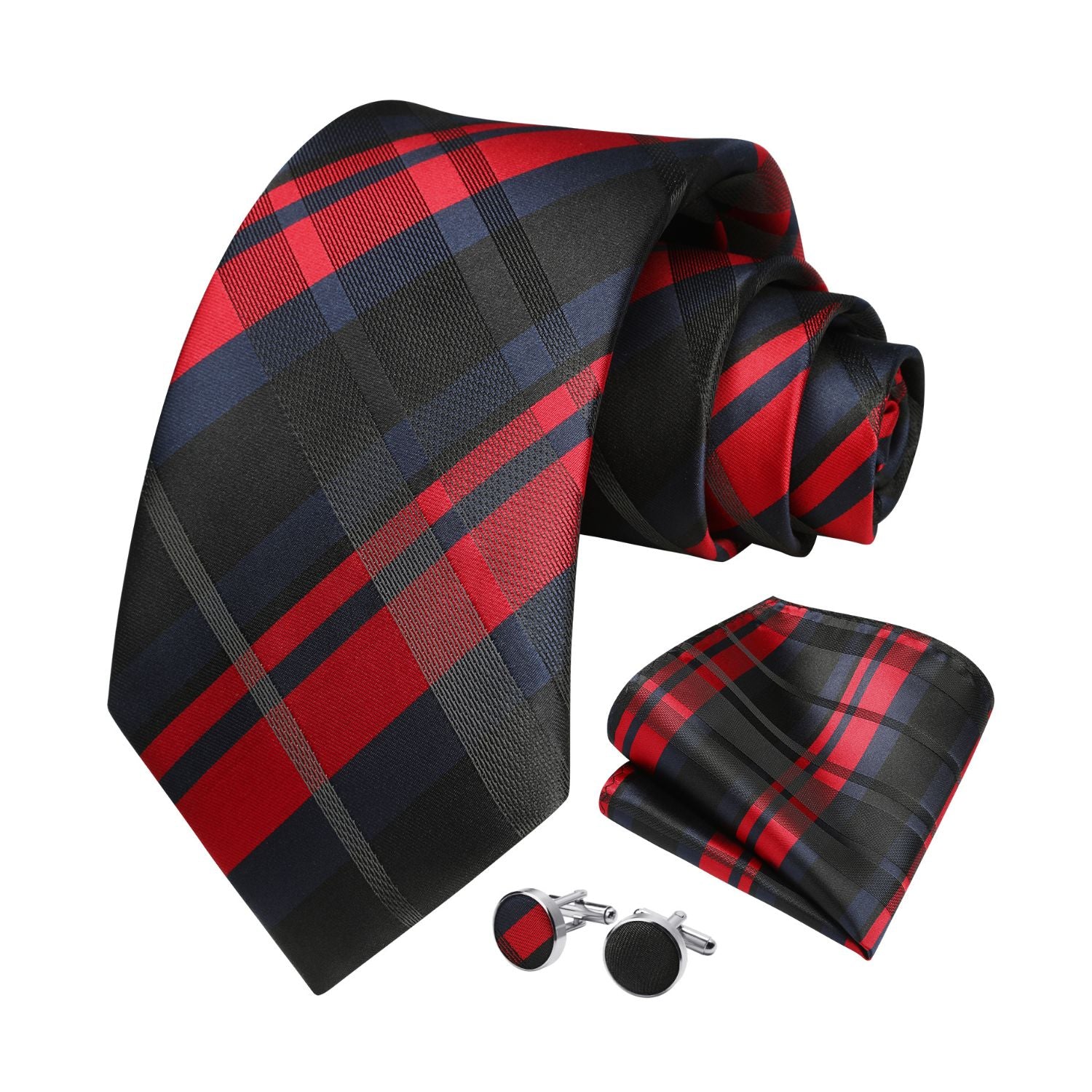 Plaid Tie Handkerchief Cufflinks - 03-BLACK RED