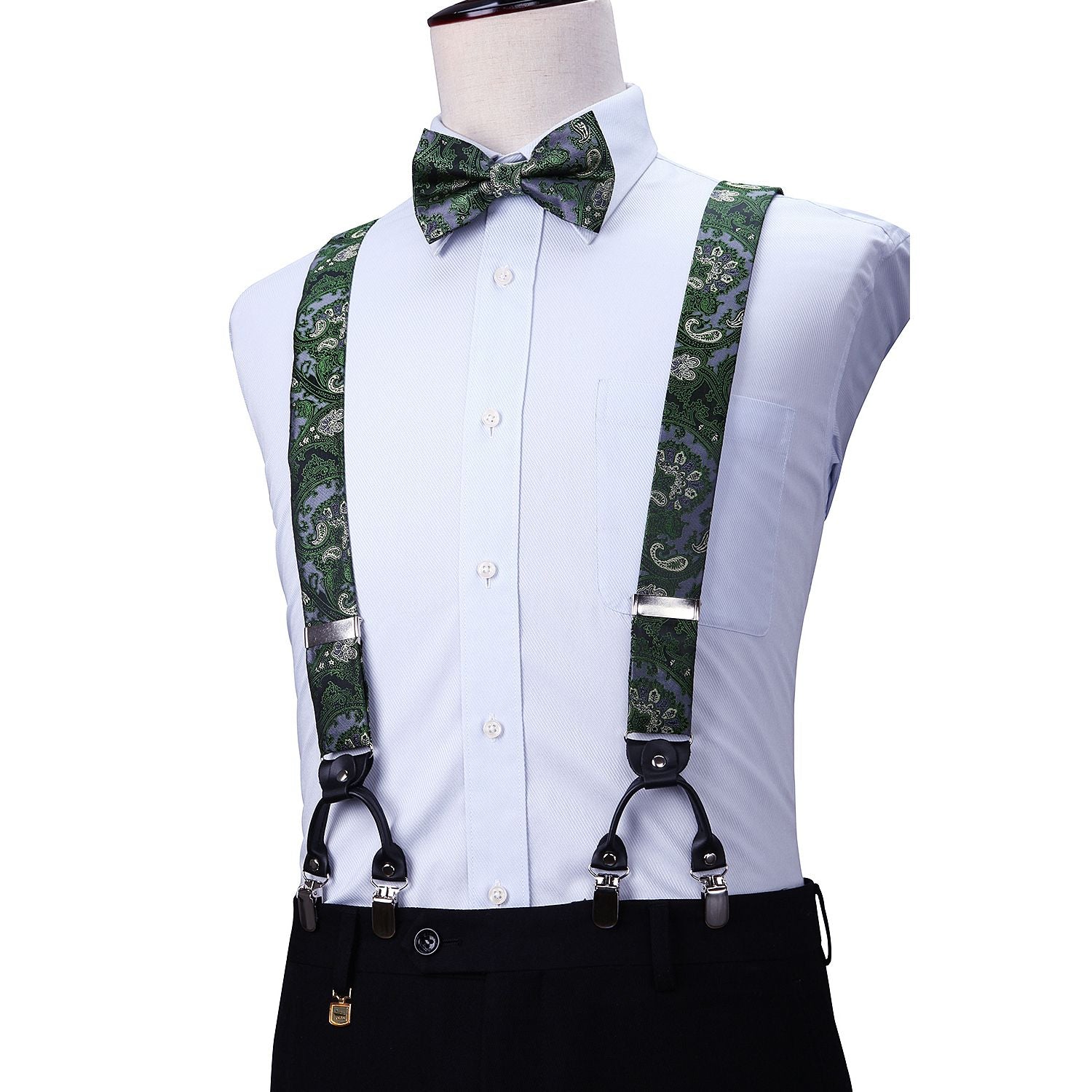 Paisley Floral Suspender Pre-Tied Bow Tie Handkerchief - D8-GREEN /GRAY