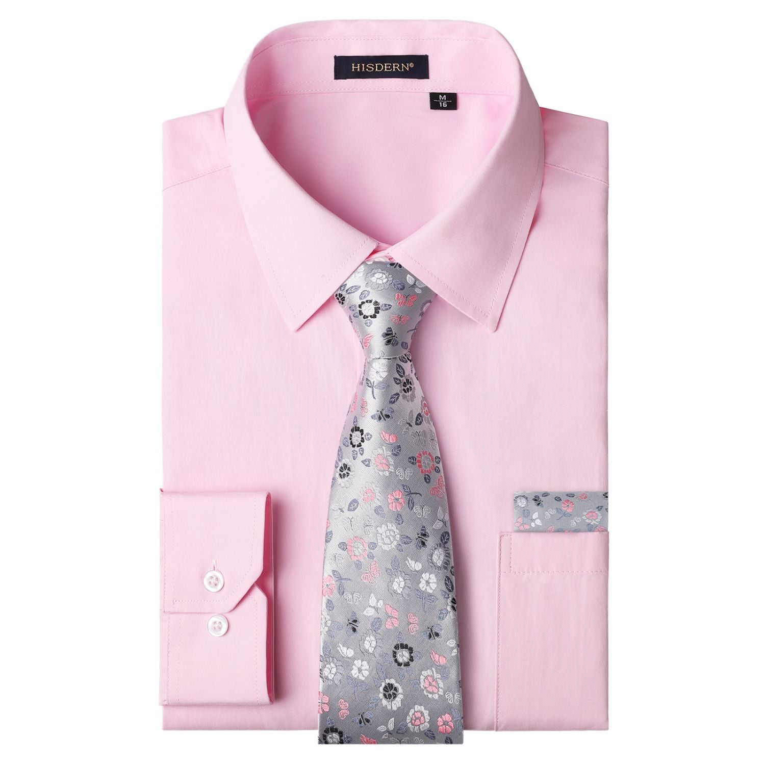 Men's Shirt with Tie Handkerchief Set - 05-PINK/FLORAL