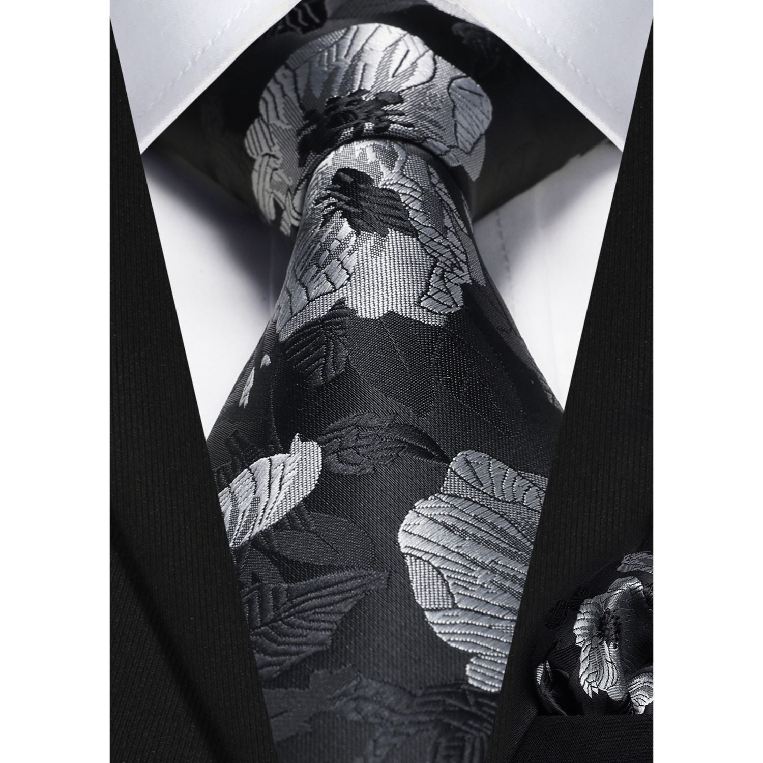 Floral 3.4 inch Tie Handkerchief Set - 11-BLACK