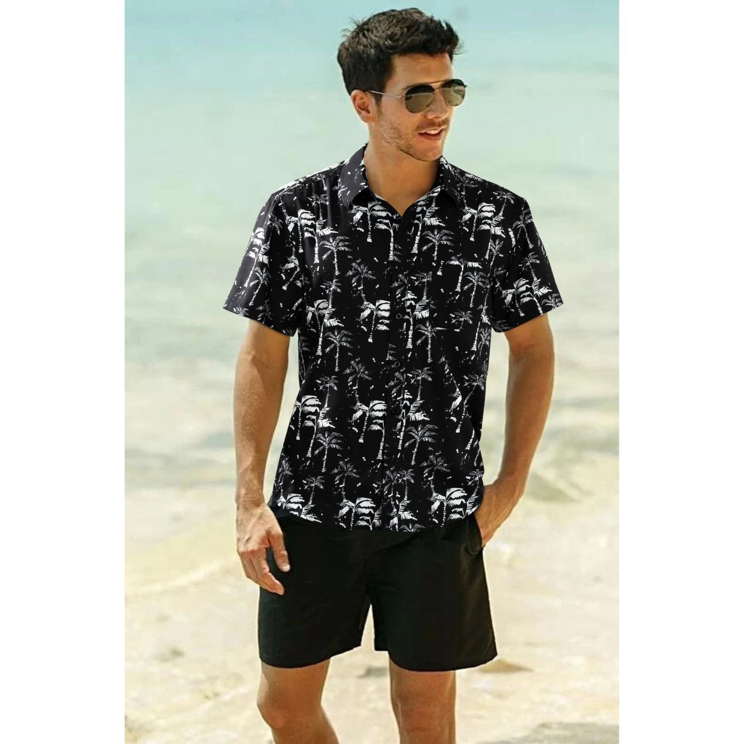 Hawaiian Tropical Shirts with Pocket - C-01 BLACK