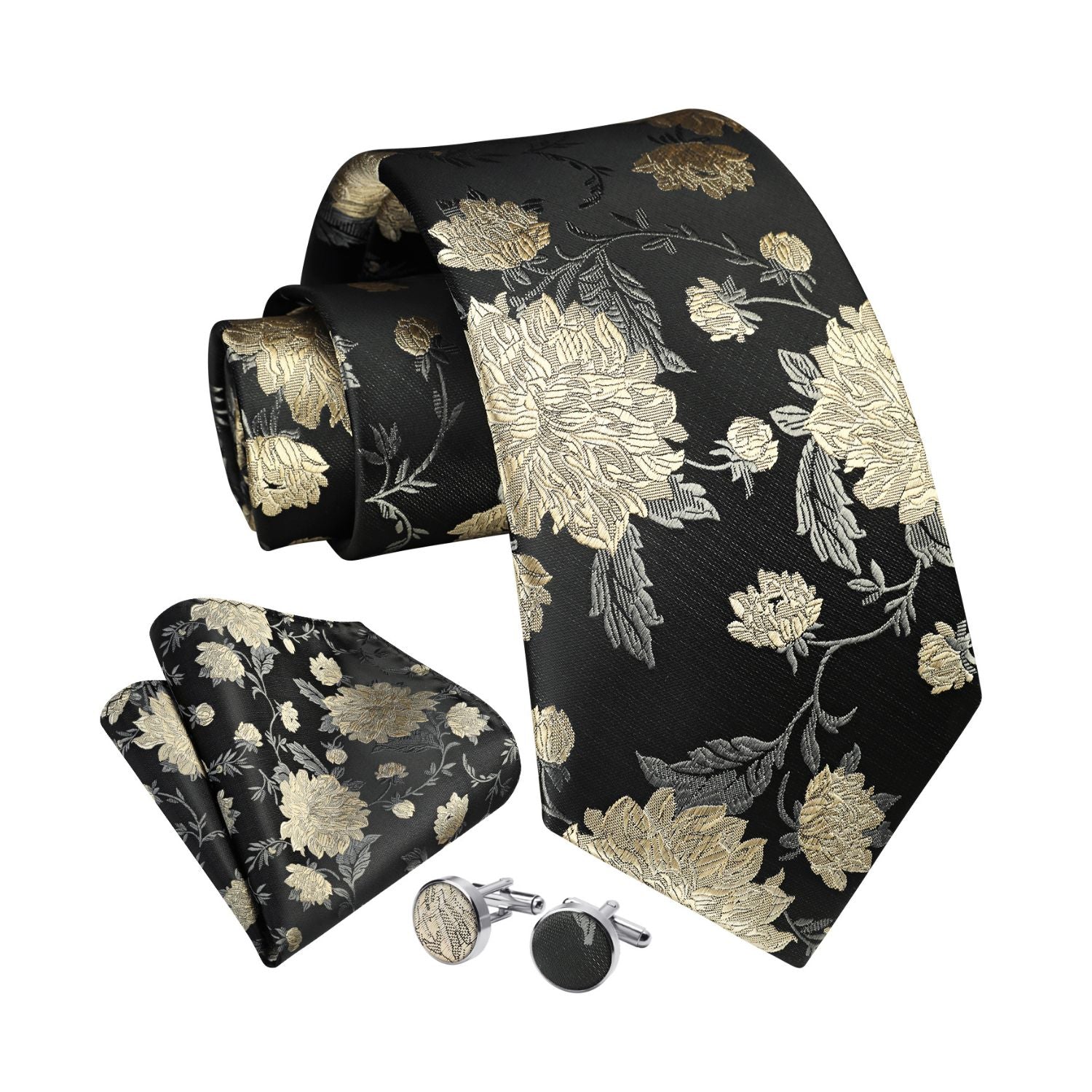 Floral Tie Handkerchief Cufflinks - 1-BLACK FLORAL