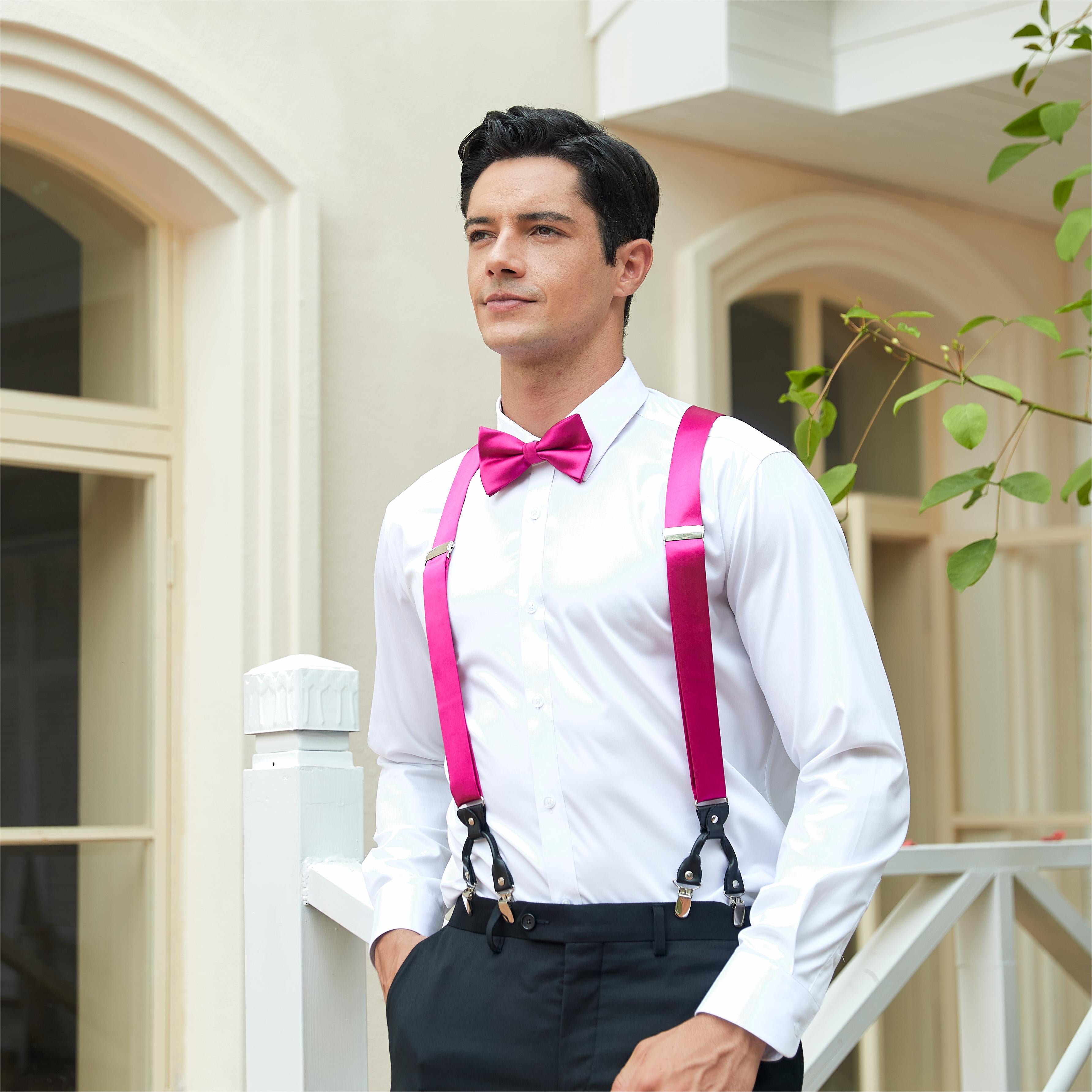 Solid Suspender Pre-Tied Bow Tie Handkerchief - A1- HOT PINK