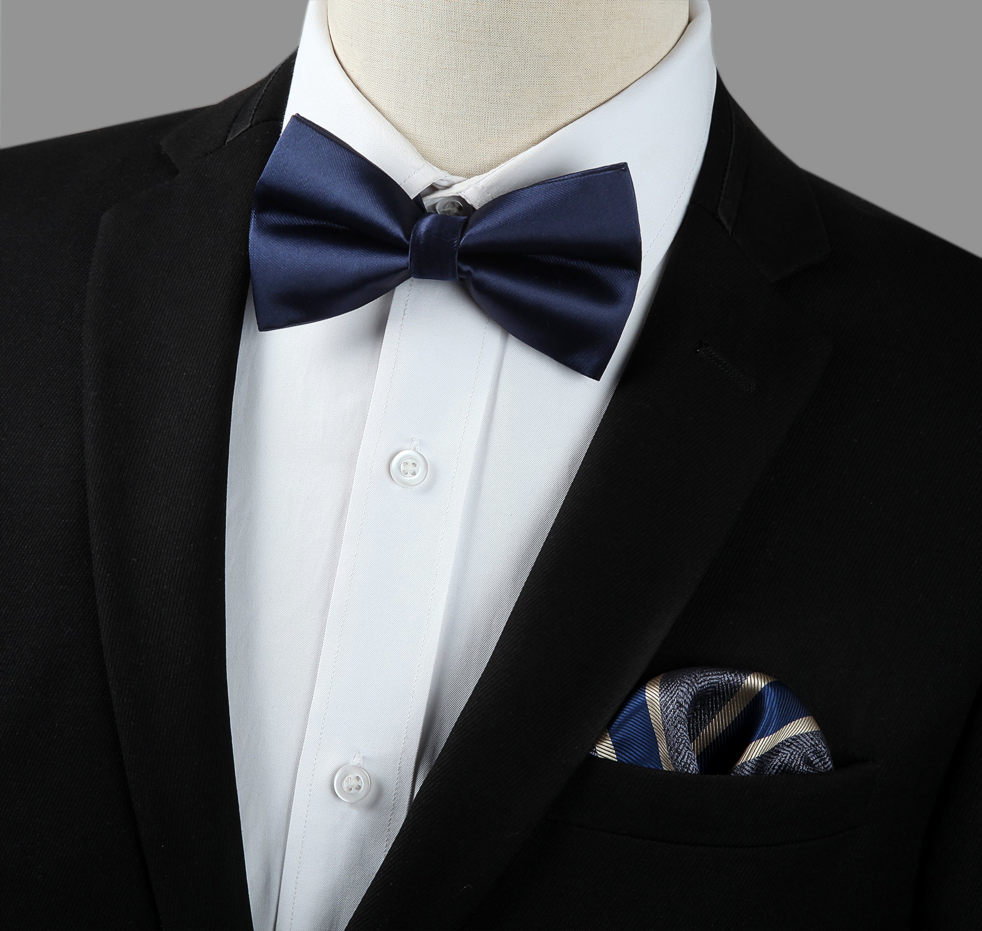 Solid Pre-Tied Bow Tie & Pocket Square - V-NAVY BLUE 1