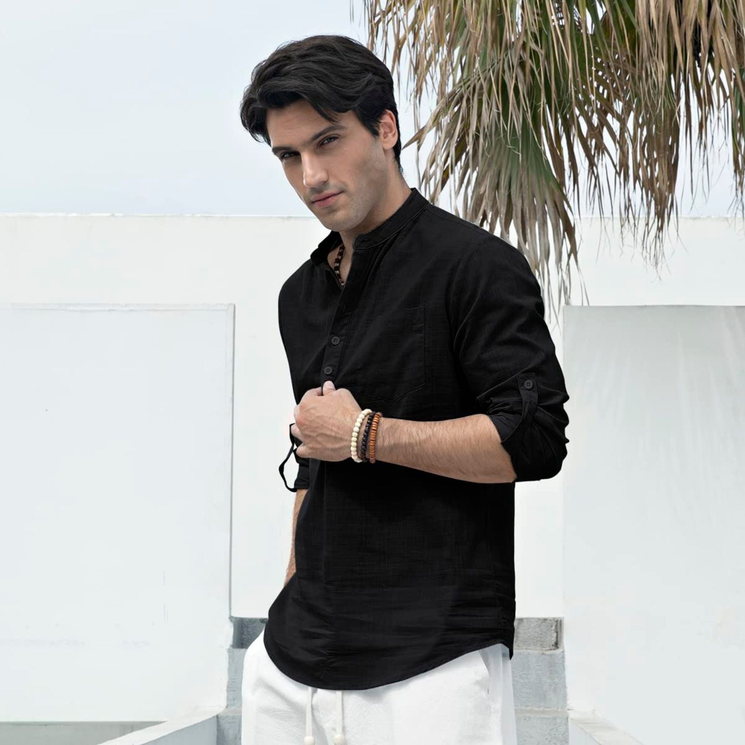 Men‘s Henley Shirt Cotton Linen with Pocket - BLACK