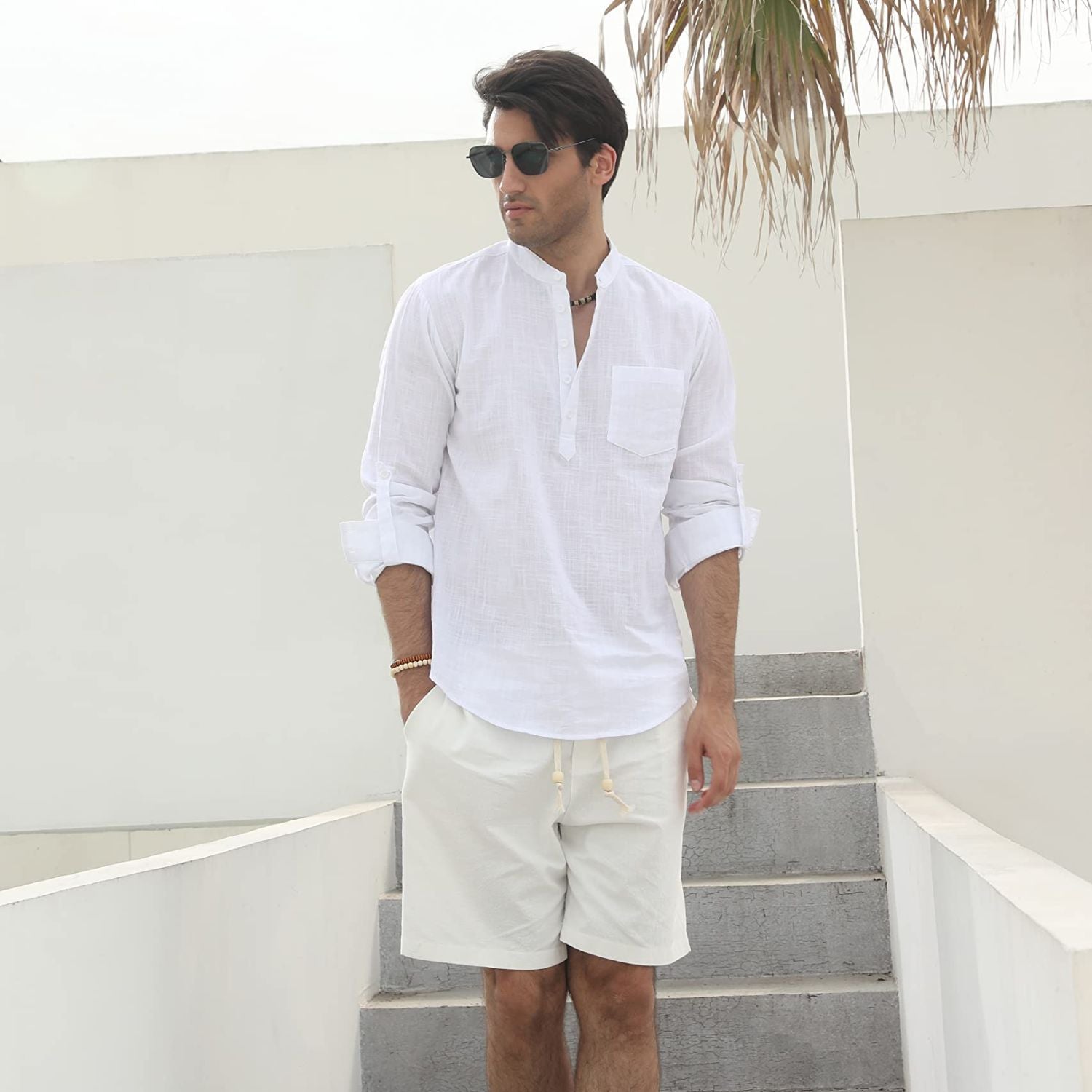 Men‘s Henley Shirt Cotton Linen with Pocket - WHITE