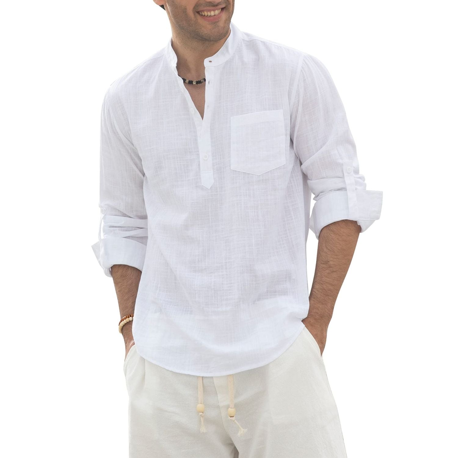 Men‘s Henley Shirt Cotton Linen with Pocket - WHITE