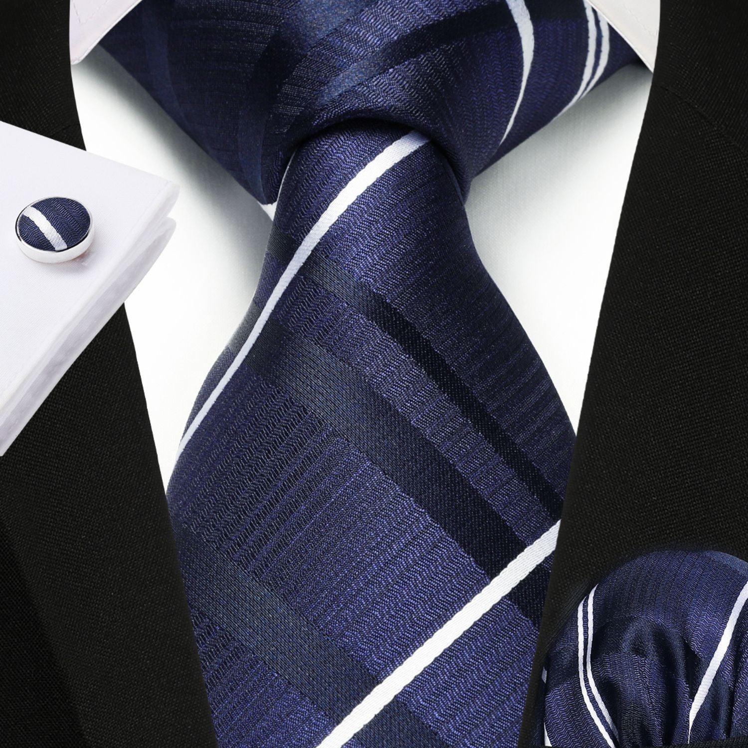 Men's Plaid Tie Handkerchief Clip - B04-NAVY BLUE