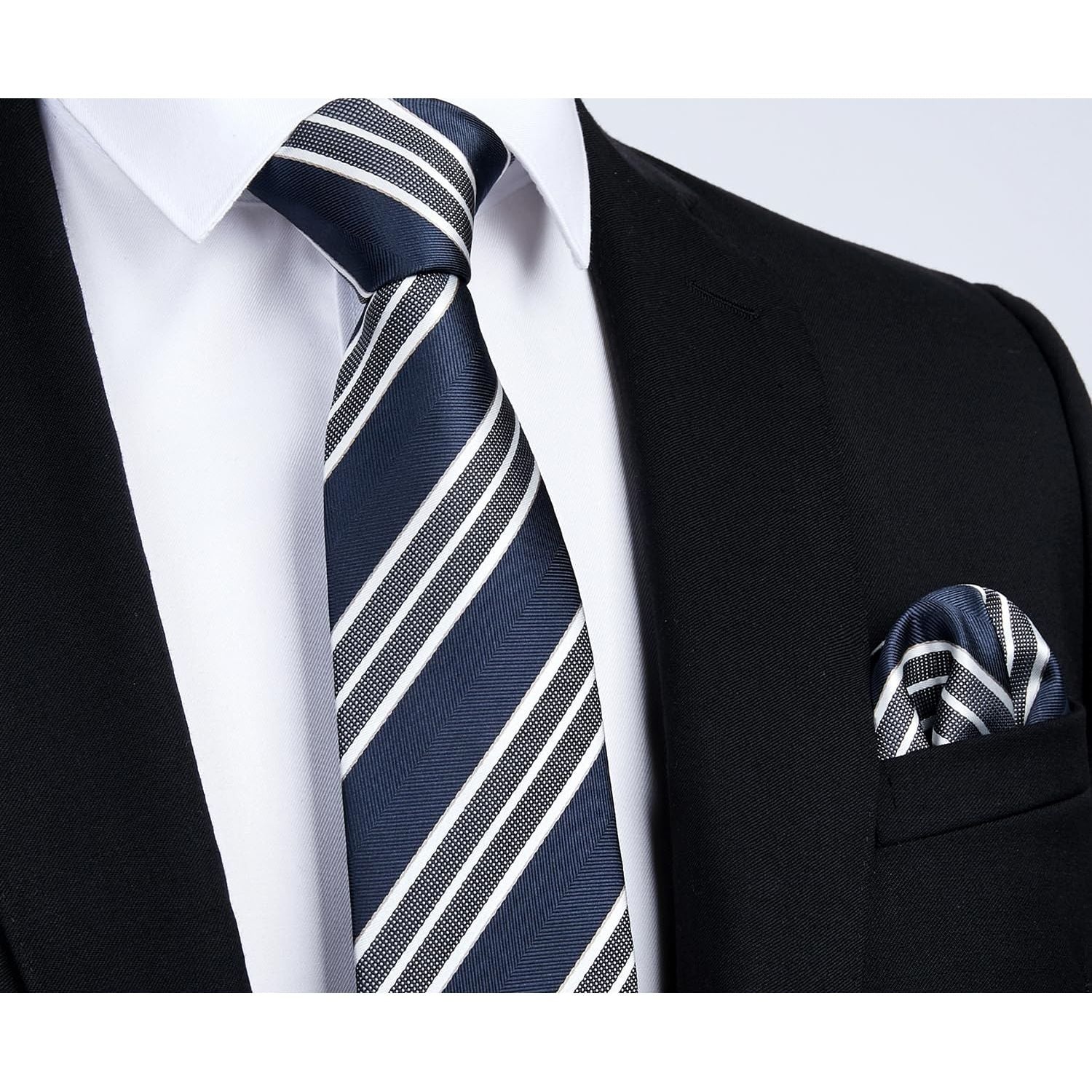 Stripe Tie Handkerchief Set - 44 NAVY BLUE/WHITE - Hisdern