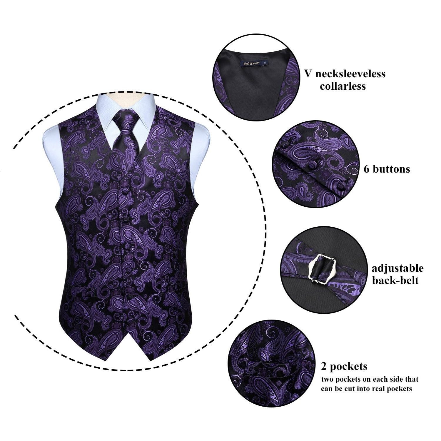 Paisley Vest Tie Handkerchief Set - PURPLE & BLACK