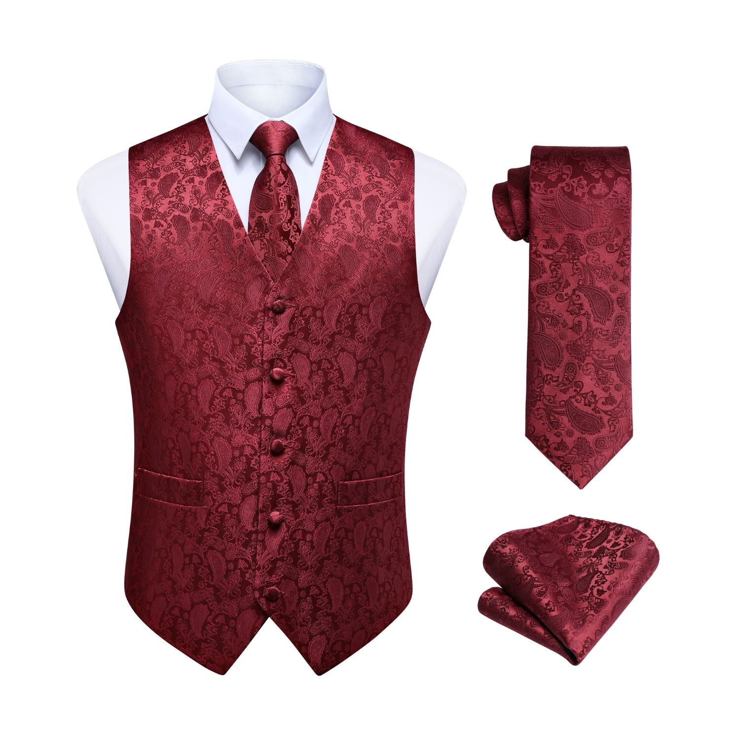 Hisdern Men's Wine Red Paisley Suit Vest For Weddings