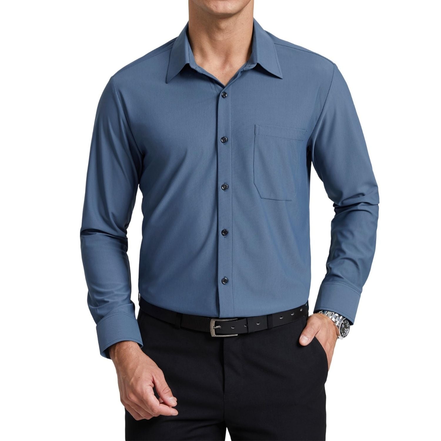 Men's Non-Iron Dress Shirt Long Sleeve 4-Way Stretch Wrinkle Free Haze Blue Formal Shirt
