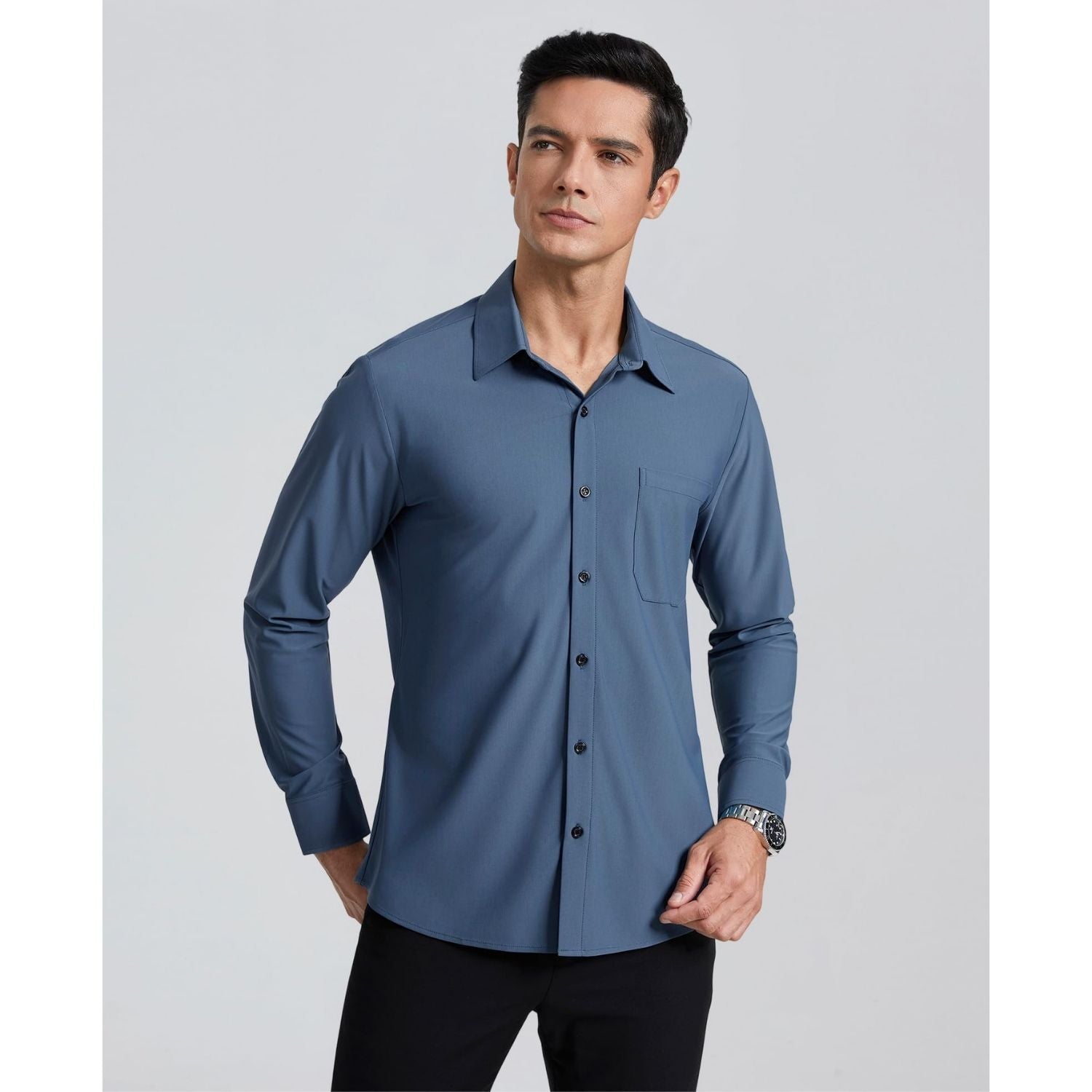 Men's Non-Iron Dress Shirt Long Sleeve 4-Way Stretch Wrinkle Free Haze Blue Formal Shirt