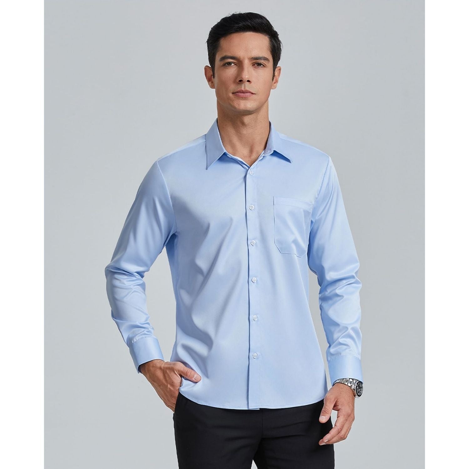 Men's Non-Iron Dress Shirt Long Sleeve 4-Way Stretch Wrinkle Free Blue Formal Shirt