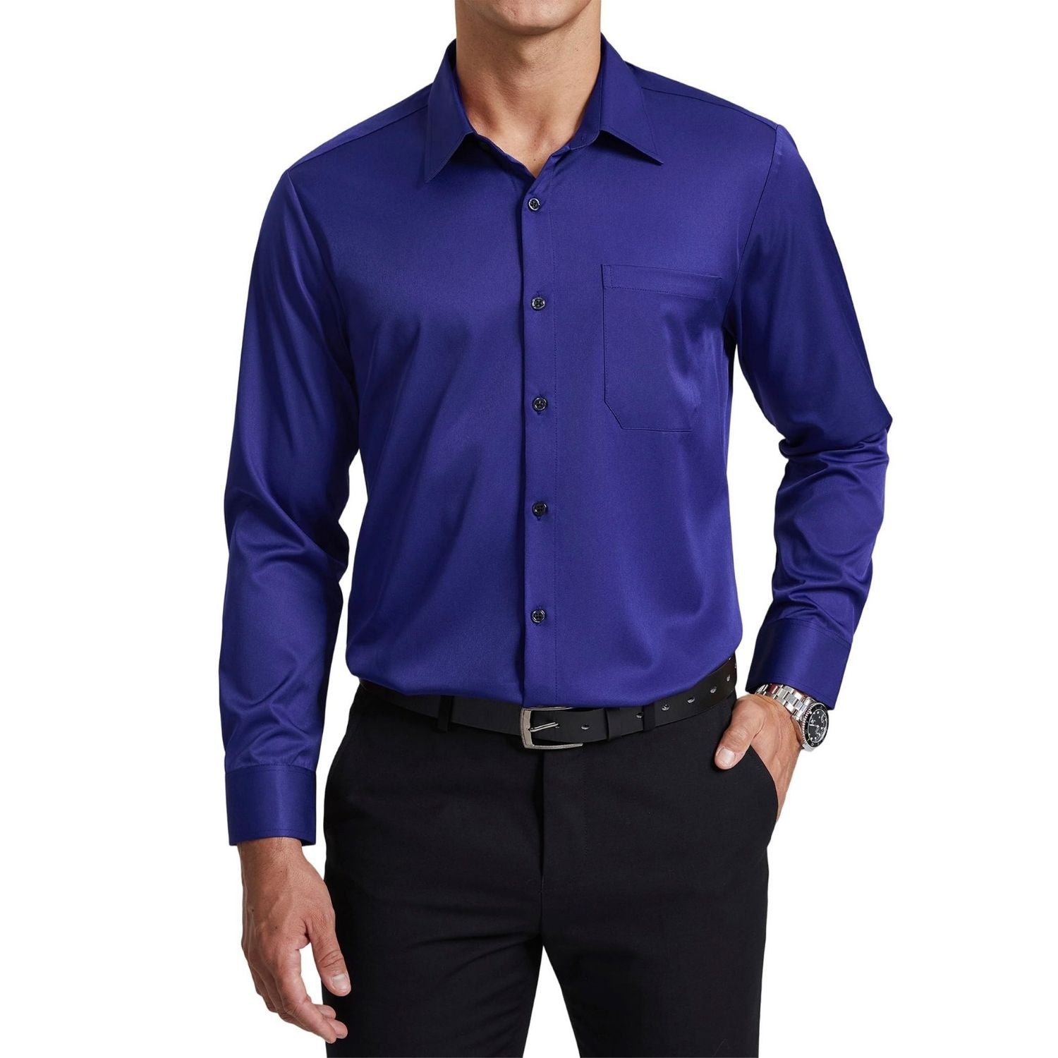 Men's Non-Iron Dress Shirt Long Sleeve 4-Way Stretch Wrinkle Free Royal Blue Formal Shirt