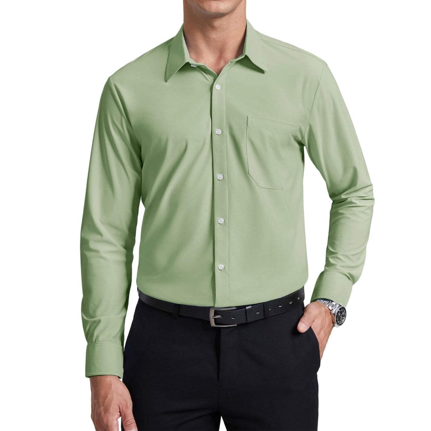 Men's Non-Iron Dress Shirt Long Sleeve 4-Way Stretch Wrinkle Free Sage Green Formal Shirt