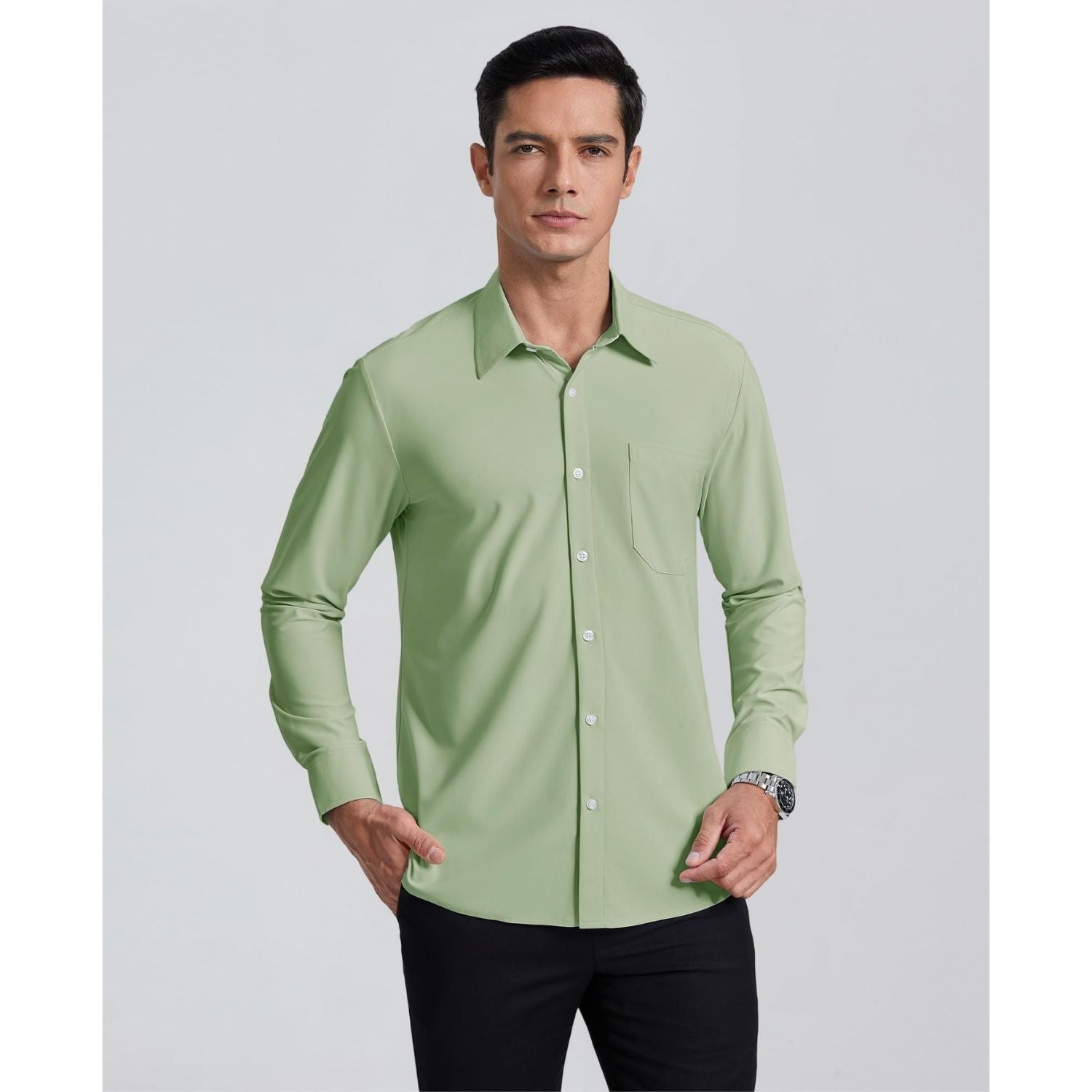 Men's Non-Iron Dress Shirt Long Sleeve 4-Way Stretch Wrinkle Free Sage Green Formal Shirt