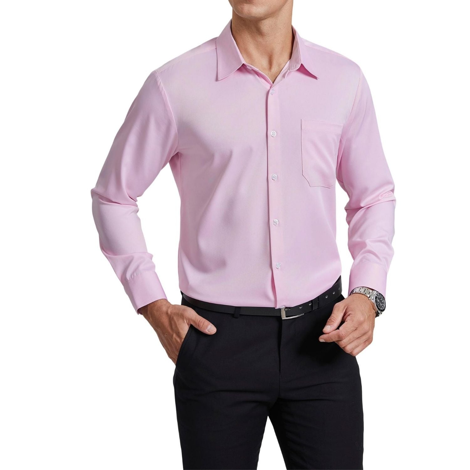 Men's Non-Iron Dress Shirt Long Sleeve 4-Way Stretch Wrinkle Free Pink Formal Shirt