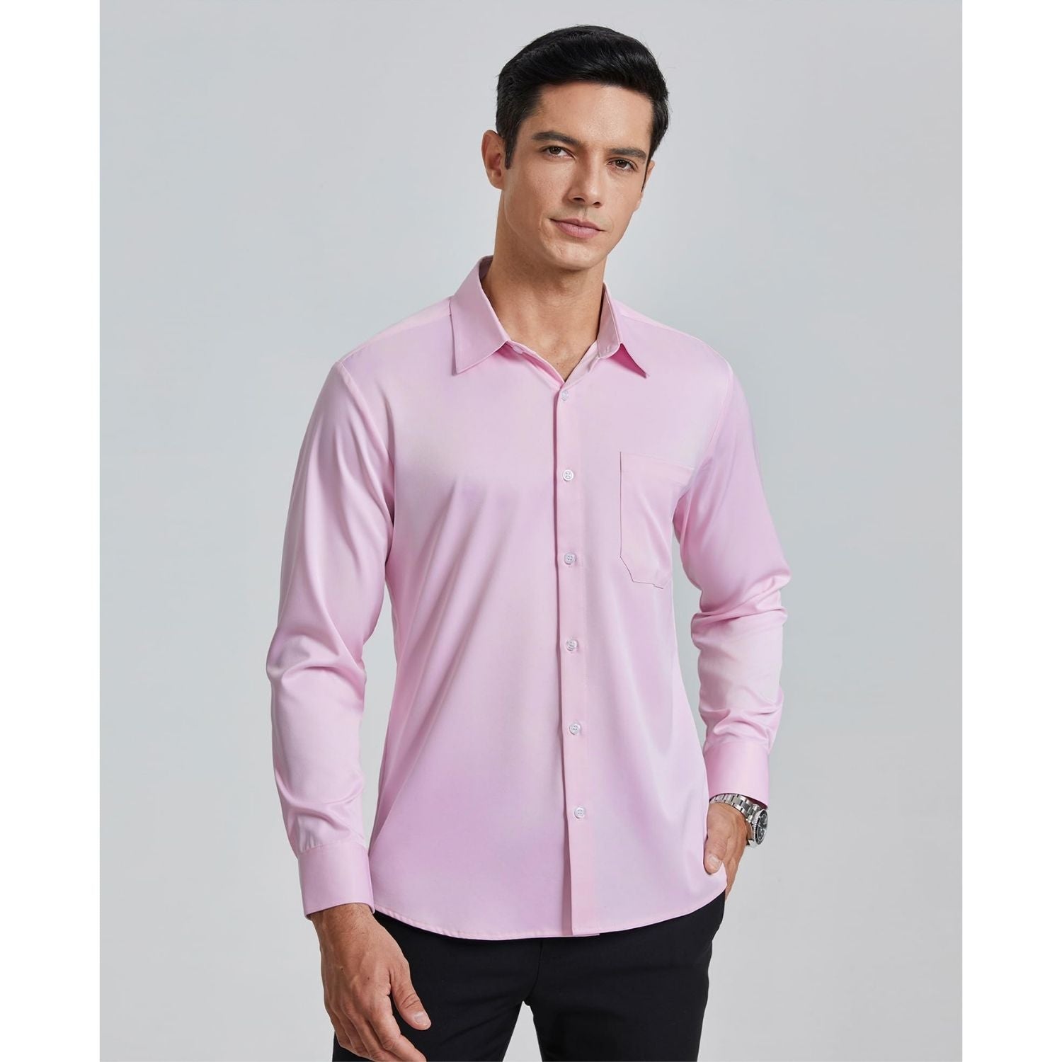Men's Non-Iron Dress Shirt Long Sleeve 4-Way Stretch Wrinkle Free Pink Formal Shirt