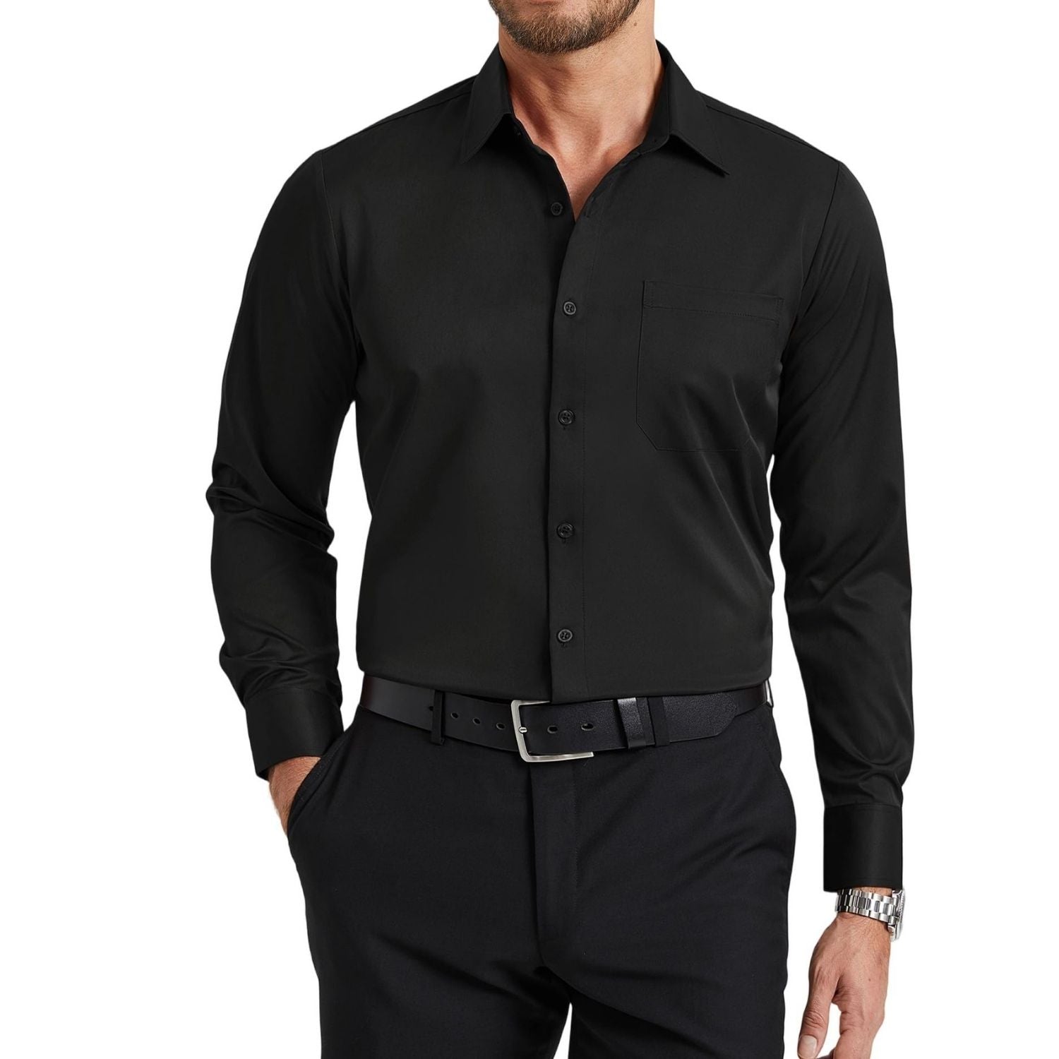 Men's Non-Iron Dress Shirt Long Sleeve 4-Way Stretch Wrinkle Free Black Formal Shirt